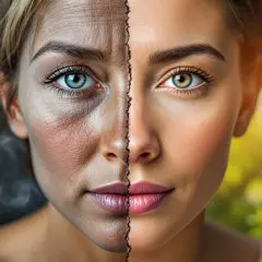 Visage divisé : d'un côté, la peau marquée par la fumée d'une cigarette électronique ; de l'autre, une peau radieuse sous le soleil.