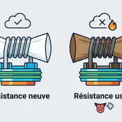 Comparaison visuelle d'une résistance neuve et usée pour un atomiseur. La neuve est blanche et propre, la usée est brune et brûlée.