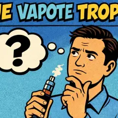 Un homme réfléchit, tenant une cigarette électronique. Une bulle de pensée avec un point d'interrogation suggère : "Je vapote trop ?".