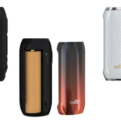 Trois box Eleaf iStick Rim : une noire, une ouverte montrant une batterie, et une blanche à motif carbone.