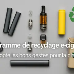 Programme de recyclage e-cigarette : adoptez les bons gestes pour la planète. Des composants de vapoteuses sont disposés autour d'un symbole de recyclage.