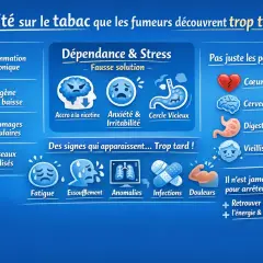 Effet négatif nicotine : inflammation, baisse d'oxygène, dommages cellulaires, cœur fragile, cerveau affecté, stress, anxiété, vieillissement. Arrêter de fumer est toujours possible.