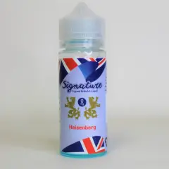 Bouteille de liquide Heisenberg Signature, composition 0 mg, avec un design aux couleurs du drapeau britannique.
