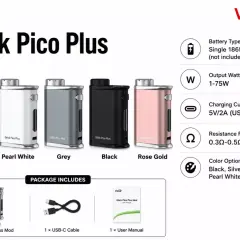 Le mod Eleaf iStick Pico Plus est présenté en plusieurs couleurs : argent, blanc perle, gris, noir et or rose.
