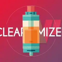 Illustration d'un clearomiseur de cigarette électronique avec le mot "CLEAROMIZER" en gros caractères.