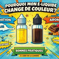 Deux flacons d'e-liquide, l'un jaune clair, l'autre brun foncé, illustrent pourquoi mon e-liquide change de couleur. L'oxydation et les arômes gourmands sont mis en avant.