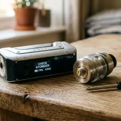 Boîtier de cigarette électronique affichant "CHECK ATOMIZER" à côté d'un atomiseur et d'un tournevis sur une table en bois.