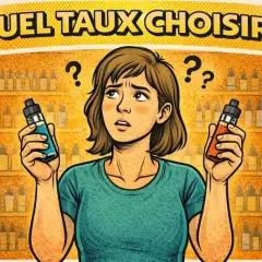 Une femme hésite entre deux flacons d'e-liquide, devant une étagère remplie de bouteilles. Quel taux choisir pour son e liquide famous ?