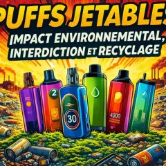 Puffs jetables abandonnés dans un paysage pollué. Une usine crache de la fumée en arrière-plan. Où jeter les puff ?