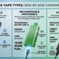 Comparaison de trois types de aio vape : jetable, rechargeable jetable et système à pods.