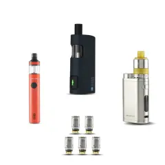 Plusieurs cigarettes électroniques, flacons de e-liquide et résistances. Attention, ma petite vape peut présenter un danger.