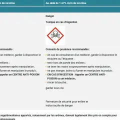 Tableau d'étiquetage pour produits de vape bio. Avertissements : nocif/toxique en cas d'ingestion, conseils de prudence.