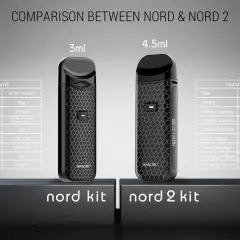 Comparaison des pod smok Nord et Nord 2, avec leurs spécifications techniques. Le Nord a une capacité de 3ml, le Nord 2 de 4.5ml.