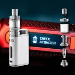 Vape Eleaf blanc avec message "CHECK ATOMIZER". Pièces détachées de l'atomiseur en exposition.