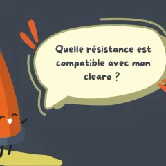 Un personnage de clearomiseur Joyetech, joyeux, pose la question : "Quelle résistance est compatible avec mon clearo ?".