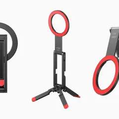 Trois vues d'un nano pod Joby AC02, un support pliable avec un anneau rouge, idéal pour les créateurs nomades.