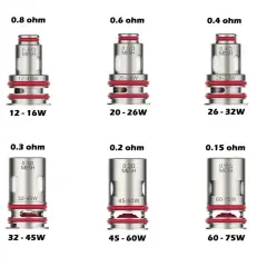 Résistances Vaporesso : 0.8, 0.6, 0.4, 0.3, 0.2, 0.15 ohm. La durée de vie dépend de l'usage et de la puissance.