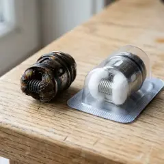 Une bobine usagée et sale à côté d'une nouvelle bobine neuve, prête à être installée. Il est temps de vérifier la bobine.