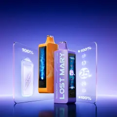 Deux cigarettes électroniques Lost Mary, une orange et une violette, avec des écrans affichant des pourcentages de batterie et des puissances.