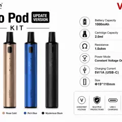 Kit Joyetech eGo Pod : 4 couleurs (argent, or rose, bleu, noir), 1000mAh, 2ml, 1.0ohm, charge USB-C.