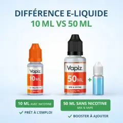 Comparaison de deux flacons eliquidfrance : un de 10 ml prêt à l'emploi et un de 50 ml à booster.