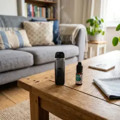 Vape et flacon de liquide sur une table en bois, avec un canapé et des coussins en arrière-plan. La vapeur s'échappe du vape, évoquant le tabagisme passif lié à la cigarette électronique.