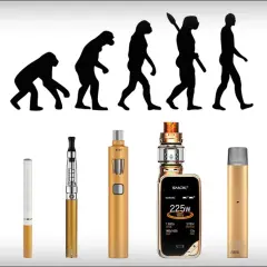 L'évolution de l'homme, du singe à l'homme moderne, est illustrée avec des cigarettes électroniques. Depuis quand existe la cigarette électronique ? L'image suggère une longue histoire.
