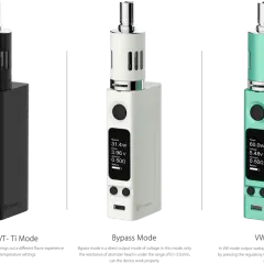 Trois cigarettes électroniques : une noire en mode VT-Ni/Ti, une blanche en mode Bypass, et une verte en mode VW. L'evic offre une expérience personnalisable.