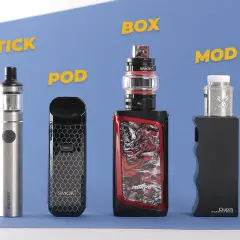 Quatre appareils de vapotage : un stick, un pod, une box et un mod. Ces cigarettes électroniques offrent différentes expériences de vape.