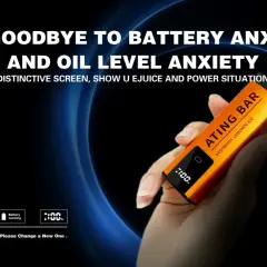 Main orange "ATING BAR" vape, held in hand, affiche 100% batterie pleine. Say goodbye to low power anxiety.