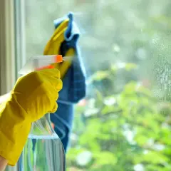 Main tenant, une main gantée de jaune pulvérise du vinaigre blanc sur une fenêtre pour nettoyer la résistance de la saleté.
