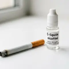 Une cigarette allumée à côté d'une fiole d'e-liquide nicotiné. Le flacon indique "10 ml | 18 mg/ml", suggérant une concentration de 10 mg de nicotine par ml.