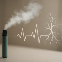 Une cigarette électronique émet de la vapeur, symbolisant une perte de puissance et un impact sur la santé, représenté par un électrocardiogramme et un arbre squelettique.