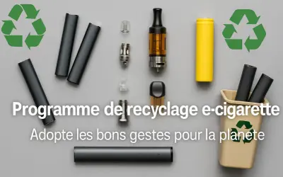 Programme de recyclage e-cigarette : adoptez les bons gestes pour la planète. Des composants de vapoteuses sont disposés autour d'un symbole de recyclage.