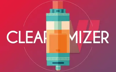 Illustration d'un clearomiseur de cigarette électronique avec le mot "CLEAROMIZER" en gros caractères.