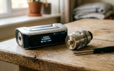 Boîtier de cigarette électronique affichant "CHECK ATOMIZER" à côté d'un atomiseur et d'un tournevis sur une table en bois.