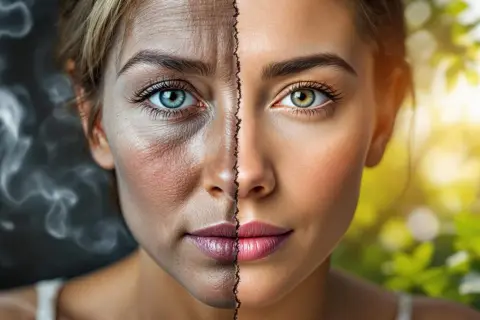 Visage divisé : d'un côté, la peau marquée par la fumée d'une cigarette électronique ; de l'autre, une peau radieuse sous le soleil.