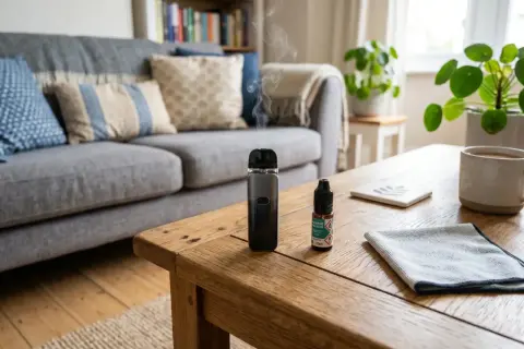 Une cigarette électronique dégage de la vapeur dans un salon confortable. L'odeur de menthe fraîche flotte dans l'air, près d'une tasse de café.