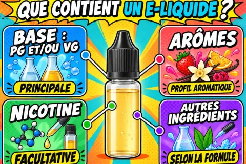 La glycérine végétale (VG) est une base principale des e-liquides, aux côtés du PG. Elle est souvent associée aux arômes et autres ingrédients.