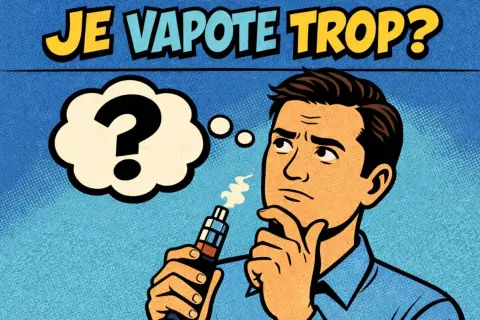 Un homme réfléchit, tenant une cigarette électronique. Une bulle de pensée avec un point d'interrogation suggère : "Je vapote trop ?".