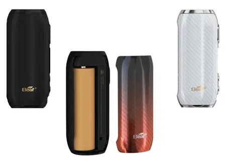 Trois box Eleaf iStick Rim : une noire, une ouverte montrant une batterie, et une blanche à motif carbone.
