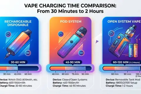 Comparaison du temps de charge cigarette électronique : jetable rechargeable (30-60 min), pod (45-90 min), et système ouvert (60-120 min).
