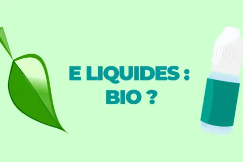 Une feuille verte stylisée et une fiole d'e-liquide, avec le texte "E LIQUIDES : BIO ?". Une invitation à découvrir ma vape bio.