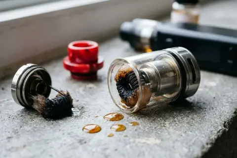 Résistance cigarette électronique cramé, coton noirci et liquide renversé. Un signe qu'il est temps de changer la résistance.
