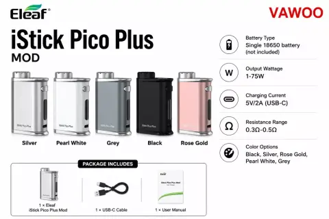 Le mod Eleaf iStick Pico Plus est présenté en plusieurs couleurs : argent, blanc perle, gris, noir et or rose.