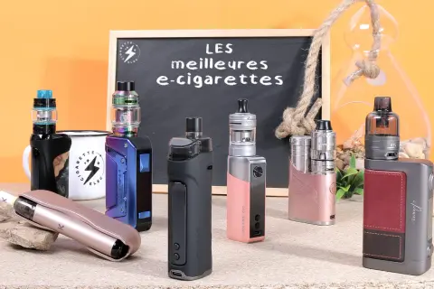 Une sélection de cigarettes électroniques légères et stylées, aux couleurs vives et aux designs variés, présentées sur un fond orange.