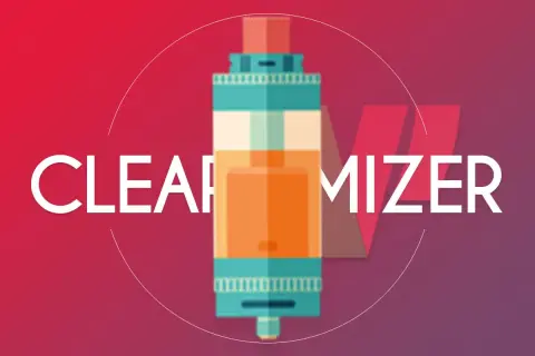 Illustration d'un clearomiseur de cigarette électronique avec le mot "CLEAROMIZER" en gros caractères.
