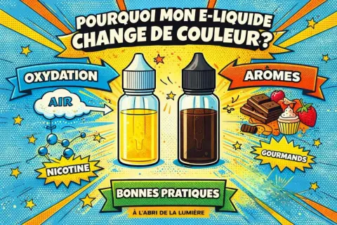 Deux flacons d'e-liquide, l'un jaune clair, l'autre brun foncé, illustrent pourquoi mon e-liquide change de couleur. L'oxydation et les arômes gourmands sont mis en avant.
