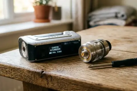 Boîtier de cigarette électronique affichant "CHECK ATOMIZER" à côté d'un atomiseur et d'un tournevis sur une table en bois.
