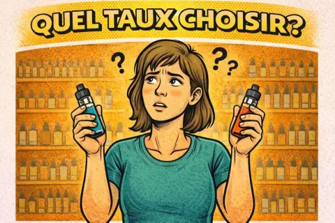 Une femme hésite entre deux flacons d'e-liquide, devant une étagère remplie de bouteilles. Quel taux choisir pour son e liquide famous ?